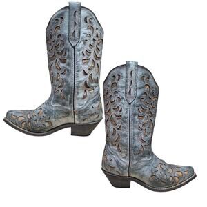 Rockin Country Gray Black Brown Leather Overlay Cutout Cowboy Cowgirl Boots 7 M